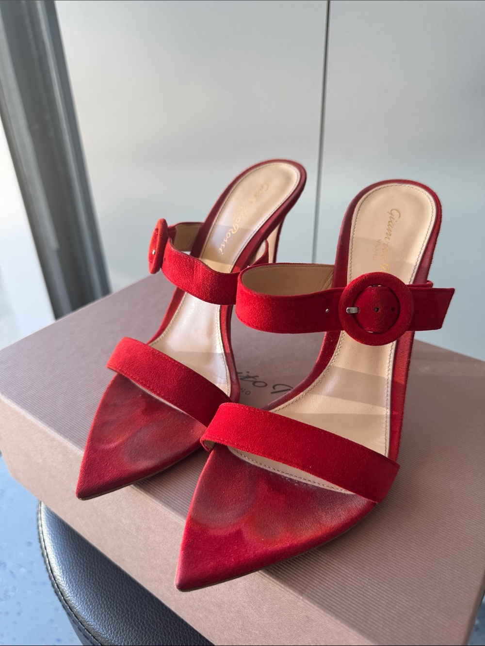 Gianvito Rossi Red Pointed-Toe Suede Mules with Buckle Strap - Picture 2 of 5